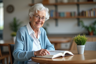 Femme senior souriante lisant un livre dans une résidence