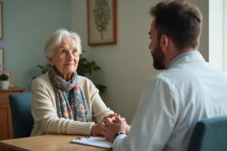 Femme âgée en consultation avec un médecin en EHPAD
