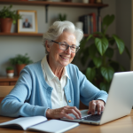 Meilleur site pour seniors : comparatif et avis en 2025 Femme senior souriante utilisant un ordinateur dans un salon chaleureux