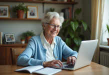 Meilleur site pour seniors : comparatif et avis en 2025 Femme senior souriante utilisant un ordinateur dans un salon chaleureux