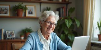 Meilleur site pour seniors : comparatif et avis en 2025 Femme senior souriante utilisant un ordinateur dans un salon chaleureux