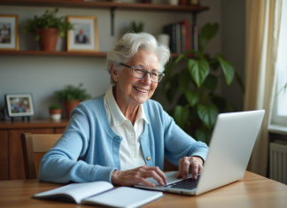 Meilleur site pour seniors : comparatif et avis en 2025 Femme senior souriante utilisant un ordinateur dans un salon chaleureux