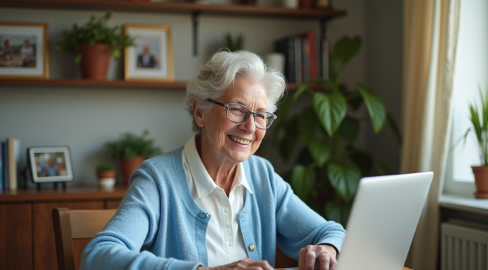 Meilleur site pour seniors : comparatif et avis en 2025 Femme senior souriante utilisant un ordinateur dans un salon chaleureux