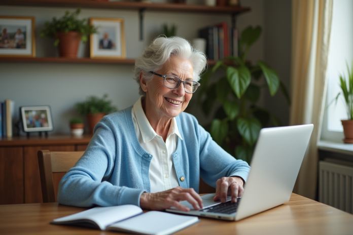 senior-femme-ordinateur-living Femme senior souriante utilisant un ordinateur dans un salon chaleureux
