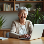 Site pour seniors : quel est le meilleur choix en 2025 ? Femme senior souriante utilisant un ordinateur dans un salon lumineux