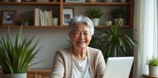 Site pour seniors : quel est le meilleur choix en 2025 ? Femme senior souriante utilisant un ordinateur dans un salon lumineux