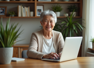Site pour seniors : quel est le meilleur choix en 2025 ? Femme senior souriante utilisant un ordinateur dans un salon lumineux