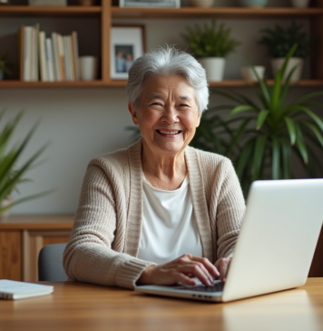 Site pour seniors : quel est le meilleur choix en 2025 ? Femme senior souriante utilisant un ordinateur dans un salon lumineux