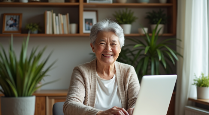 Site pour seniors : quel est le meilleur choix en 2025 ? Femme senior souriante utilisant un ordinateur dans un salon lumineux