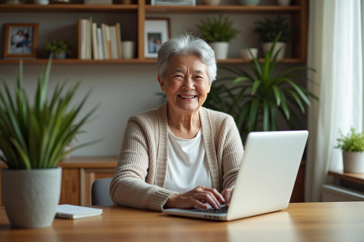 Femme senior souriante utilisant un ordinateur dans un salon lumineux