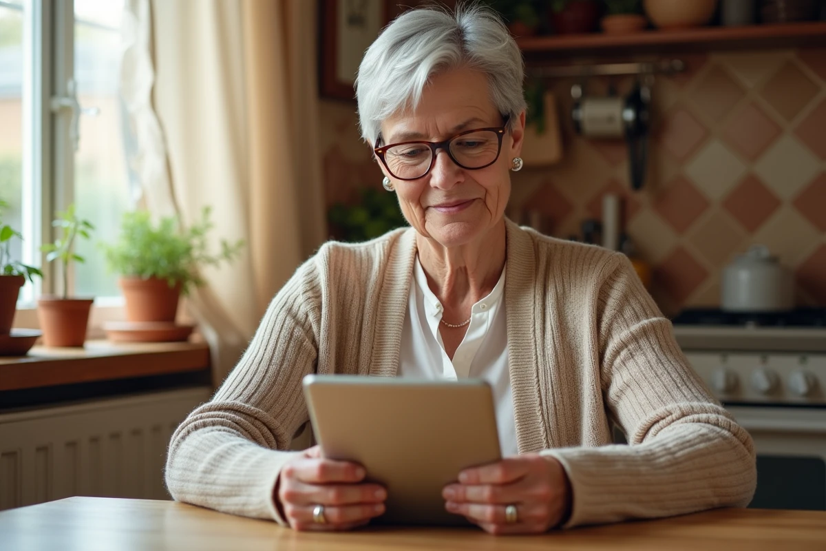 Femme senior utilisant une tablette pour trouver une aide à domicile de confiance via Aideautop