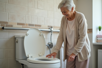 Femme senior testant une toilette adaptée dans une salle de bain moderne
