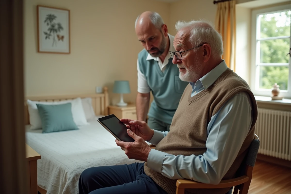 Homme âgé utilisant une tablette avec un aidant à Maison Zélia