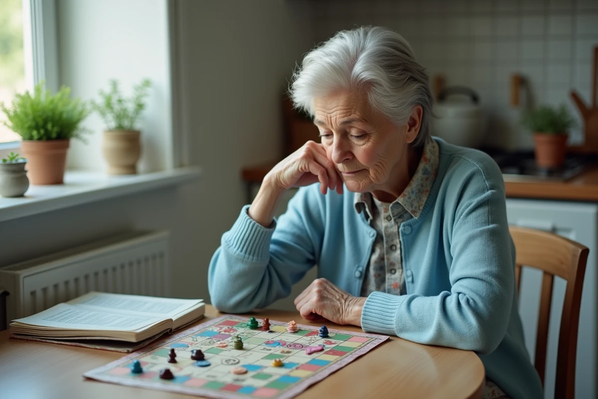 Femme âgée perplexe devant un jeu de société trop complexe avec un grand livre de règles ouvert