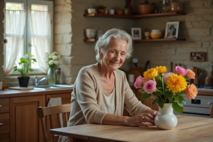 Femme âgée arrangeant des fleurs dans sa cuisine à Lille, illustration du maintien à domicile pour seniors