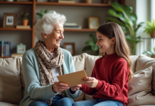 Seniore souriante offrant une enveloppe à sa petite fille