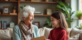 Seniore souriante offrant une enveloppe à sa petite fille