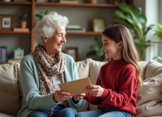 Conseils pour offrir de l’argent à ses petits-enfants : astuces et idées Seniore souriante offrant une enveloppe à sa petite fille
