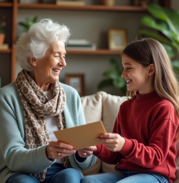 Seniore souriante offrant une enveloppe à sa petite fille