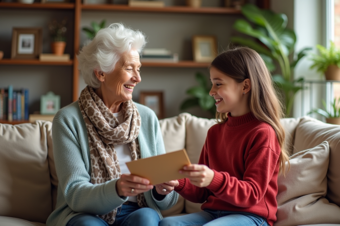 Seniore souriante offrant une enveloppe à sa petite fille