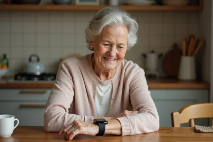 Femme âgée souriante vérifiant sa smartwatch à la cuisine