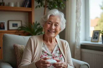 Seniorelle souriante avec téléassistance dans son salon