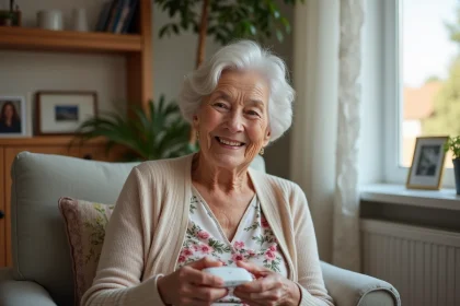 Seniorelle souriante avec téléassistance dans son salon