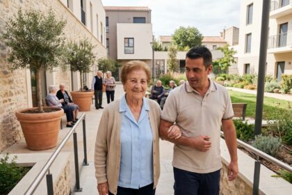 Femme senior méditerranéenne souriante avec aidant dans cour moderne