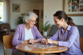 Femme âgée avec aidante jouant au puzzle à Maison Zélia