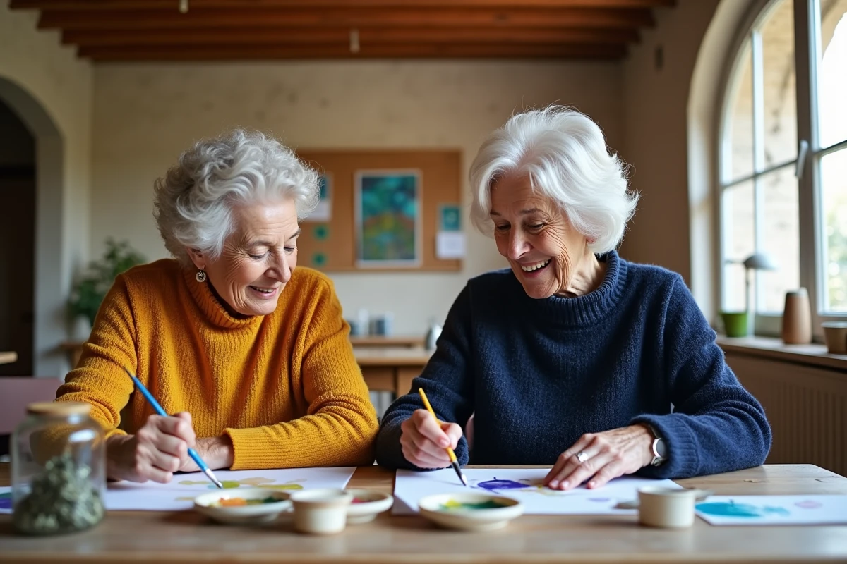 Deux seniors femmes faisant de l'aquarelle ensemble dans un atelier intérieur à Nice