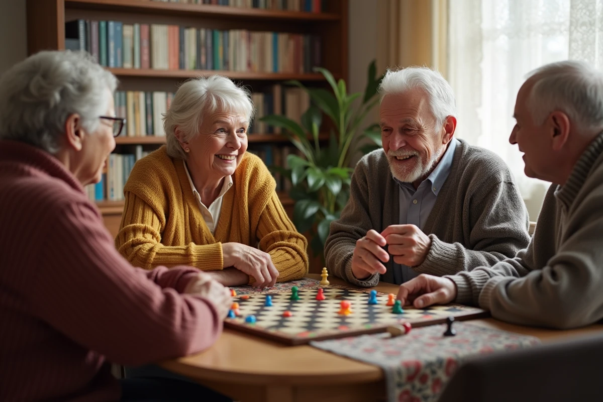 Groupe de seniors jouant à un jeu de société autour d'une table en bois dans un salon chaleureux