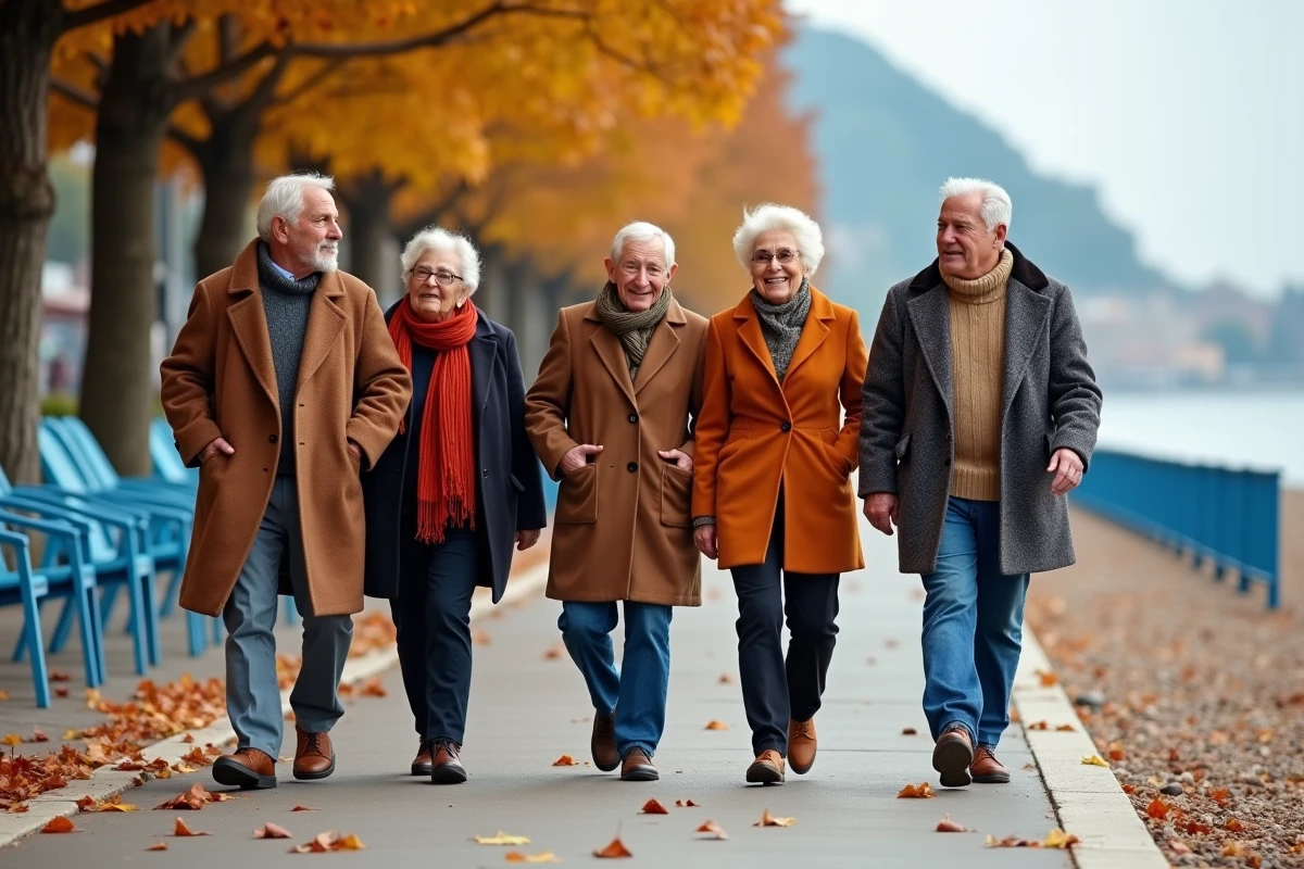 Groupe de seniors en promenade sur la Promenade des Anglais à Nice en automne