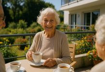Femme âgée souriante prenant le thé sur une terrasse ensoleillée