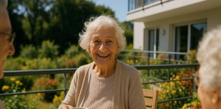 Femme âgée souriante prenant le thé sur une terrasse ensoleillée