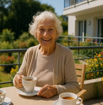 Femme âgée souriante prenant le thé sur une terrasse ensoleillée