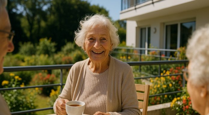 Femme âgée souriante prenant le thé sur une terrasse ensoleillée
