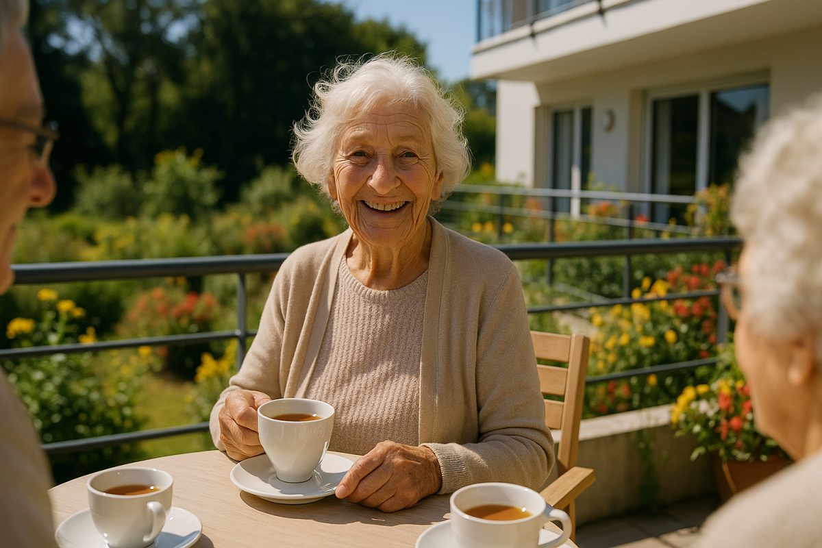 Femme âgée souriante prenant le thé sur une terrasse ensoleillée