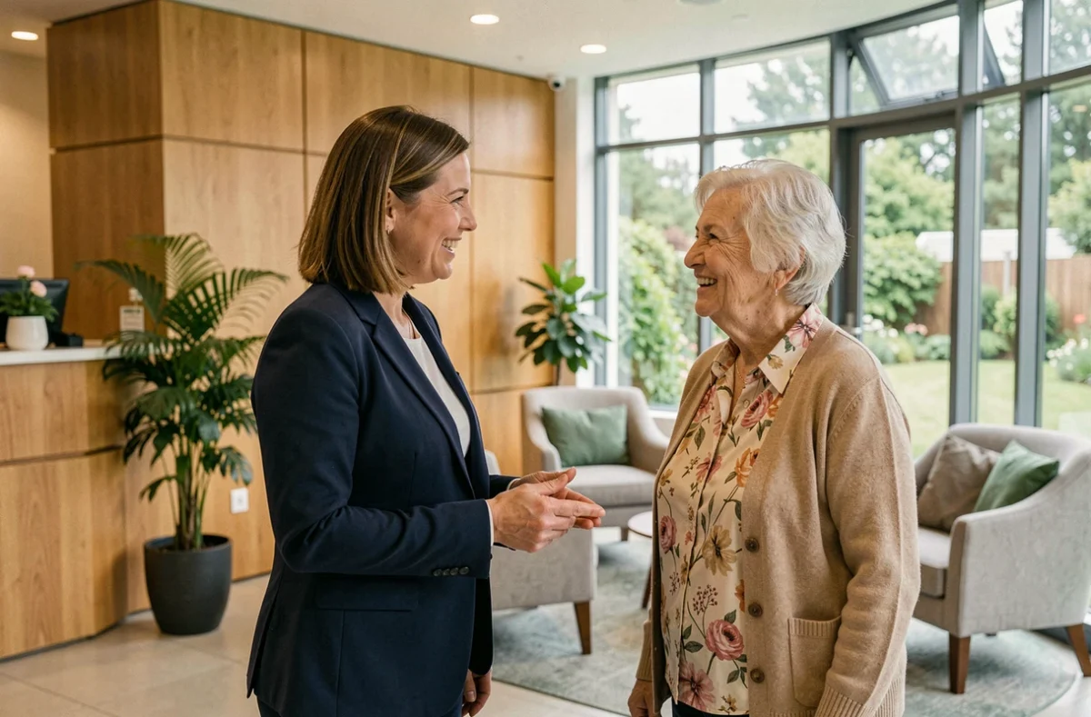 Hall d'accueil chaleureux de la résidence senior Serenly à Meaux avec personnel accueillant une résidente