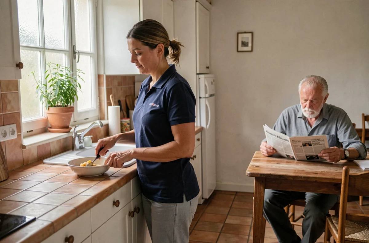 Aide à domicile préparant un repas pour un senior dans une maison en Vendée, service professionnel de maintien à domicile
