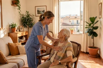 Une aide à domicile accompagne une personne âgée dans un appartement marseillais lumineux et chaleureux