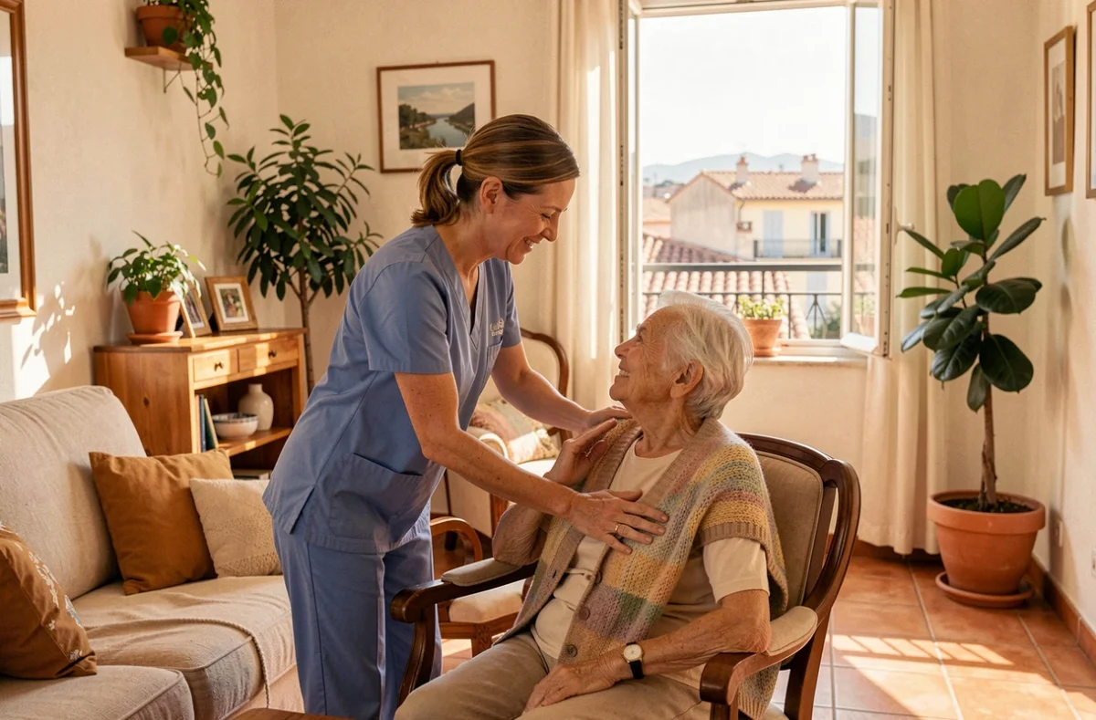 Une aide à domicile accompagne une personne âgée dans un appartement marseillais lumineux et chaleureux