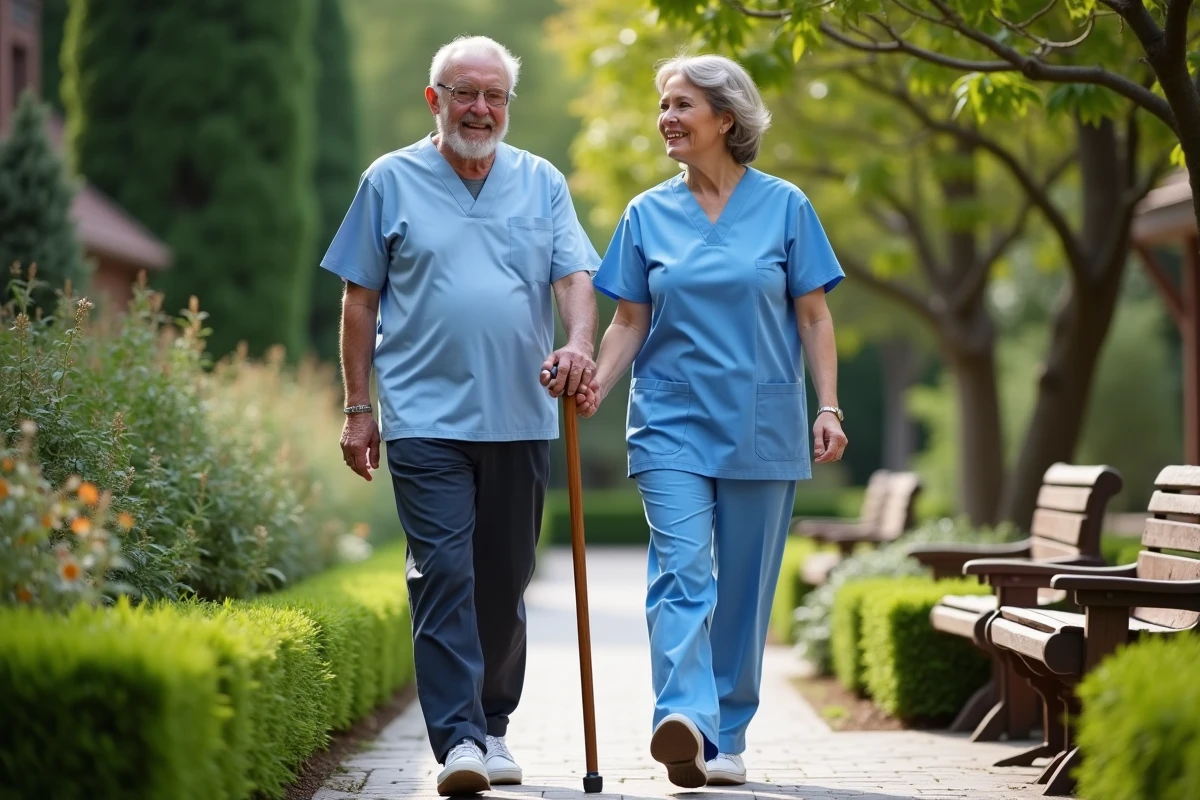 Un soignant accompagne un résident âgé dans le jardin d'une maison de retraite médicalisée