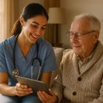 Soins à domicile : une alternative méconnue à l’hospitalisation classique Infirmière souriante rendant visite à une personne âgée à domicile