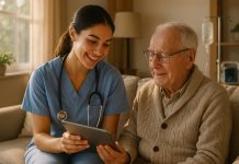 Infirmière souriante rendant visite à une personne âgée à domicile