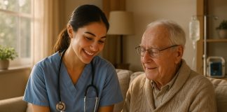 Infirmière souriante rendant visite à une personne âgée à domicile