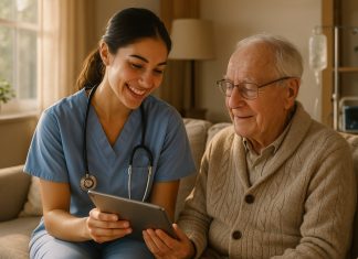 Infirmière souriante rendant visite à une personne âgée à domicile
