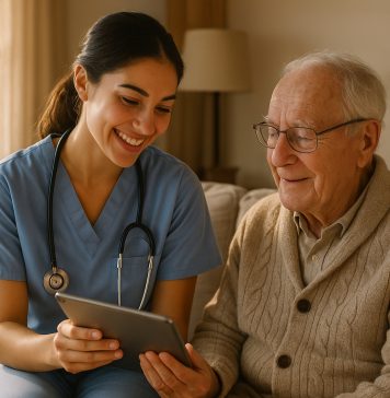 Infirmière souriante rendant visite à une personne âgée à domicile