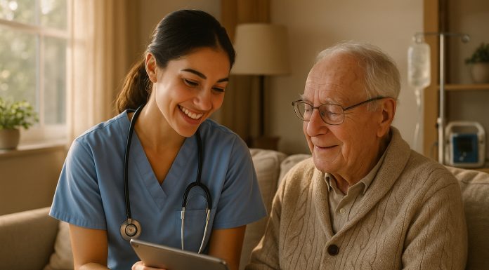 Soins à domicile : une alternative méconnue à l’hospitalisation classique Infirmière souriante rendant visite à une personne âgée à domicile