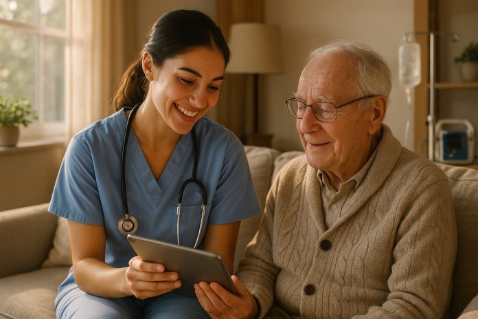 soignante-visite-personne-agee Infirmière souriante rendant visite à une personne âgée à domicile