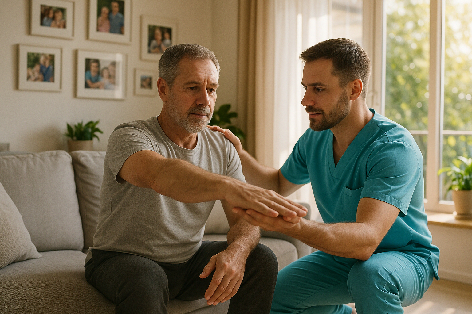 Aide soignant guidant un homme lors d